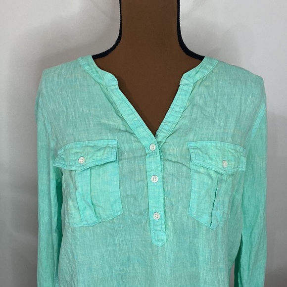 Talbots linen band collar popover cross dye bright green and yellow shirt size M - Picture 6 of 11